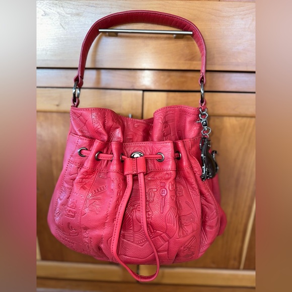 ❤️ Sharif Firenze Red Hieroglyphics Leather Drawstring Shoulder Bag ~ Excellent - Picture 2 of 15